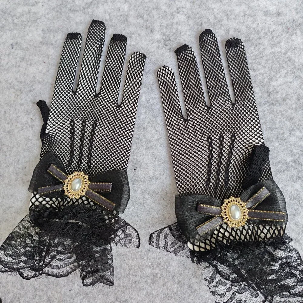 Women's Hand Sleeve Black Bow Lace Gloves Wedding Halloween Costume Party Prom